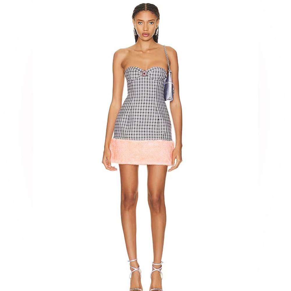 AREA Faux Fur Trim Strapless Mini Dress